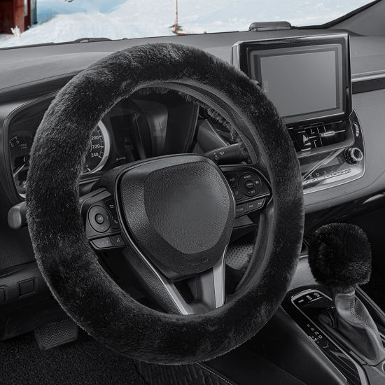 Picture of SEG Direct Furry Car Steering Wheel Cover with Fluffy Gear Shift Cover Soft Warm Non-Slip Car Decoration for Men Women Girls 2 PCS Set, Black