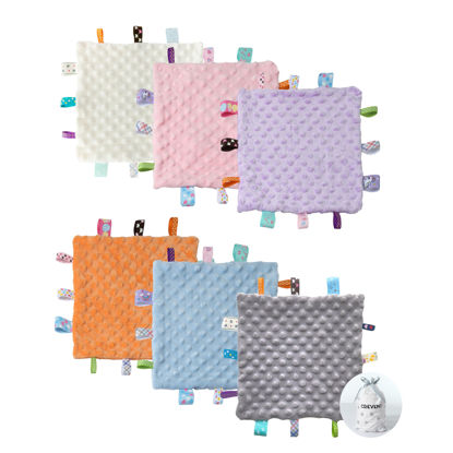 Picture of CREVENT Tag Security Blankets for Babies, Soft Small Loveys for Girls, Baby Comforter Sensory Blanket, Great Gifts for Birthday Baby Shower 10"X10" (Ivory + Pink + Grey + Blue + Orange + Purple)