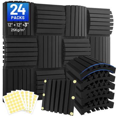 Picture of Focusound 24 Pack Curved Acoustic Foam Panels 3" x 12" x 12" Sound Proof Foam Panels Soundproofing Noise Cancelling Wedge Panels for Home Office Recoding Studio with 150 PCS Double-Side Adhesive