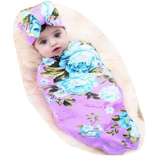 Picture of Galabloomer Newborn Baby Sleep Receiving Blanket and Bow Headband Set Baby Swaddle Blanket (purple)