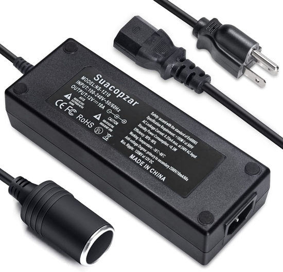 Picture of Suacopzar 10ft AC Converter to 12 Volt 10A Car Power Adapter, Type B 3 Pin Cigarette Lighter Socket Power Supply, AC 110V-220V to DC 120W Switching Converter for Air Compressor Car Refrigerator Vacuum