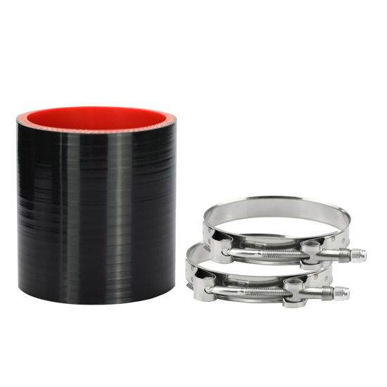 Picture of Ucreative 3'' Length Black Red Straight Silicone Hose Coupler High Temperature 4-ply with T-Bolt Clamp ID: 2.5" (63mm)