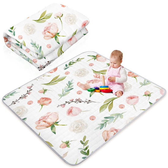 Picture of Flower Theme Portable Baby Play Mat, 43 x 43 Inch Washable Foldable Crawling Mat, Non Slip Playmat for Babies, Kids Play Mats Pad for Floor Playpen Toddler Infants Tummy Time Activity
