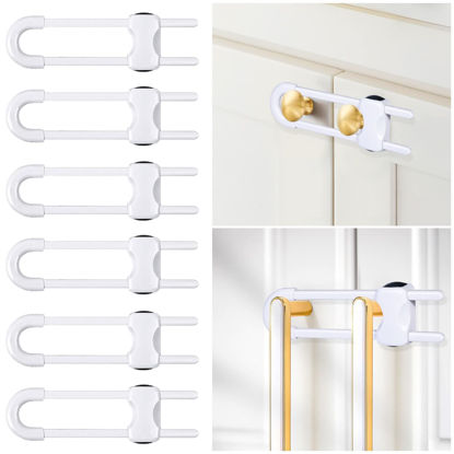 Picture of 6 Packs Sliding Cabinet Locks, Modacraft Baby Proofing U-Shaped Child Safety Latches Adjustable White Locks for Handles Knobs Drawers Closet Cupboard