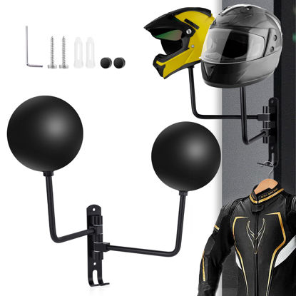 Picture of Motorcycle Helmet Rack Wall Mount 180 Degree Rotation Metal Bicycle Helmet Holder Helmet Display Hanger Stand with 2 Hooks for Motorcycle Bike