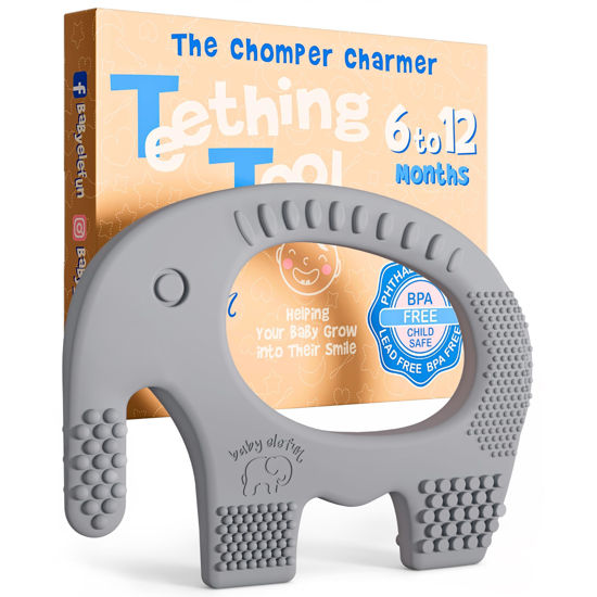 Picture of Teethers for Babies 6-12 Months - Baby Elefun 5x Pain Relief Toddler Teether. No More Ouch for Mom Anti Bite Trainer. Nurtures Grasping, Passing, Hand Eye Coordination. Silicone Baby Teething Toy Ring