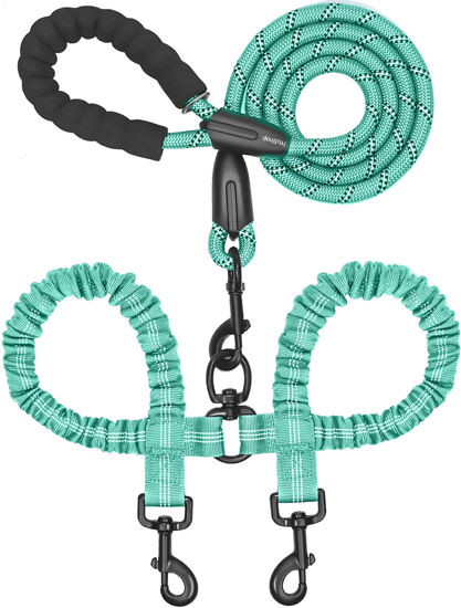 Picture of iYoShop Dual Dog Leash, Double Dog Leash, 360 Swivel No Tangle Walking Leash, Shock Absorbing Bungee for Two Dogs, Teal, Large (25-150 lbs)
