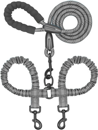 Picture of iYoShop Dual Dog Leash, Double Dog Leash, 360 Swivel No Tangle Walking Leash, Shock Absorbing Bungee for Two Dogs, Grey, Large (25-150 lbs)