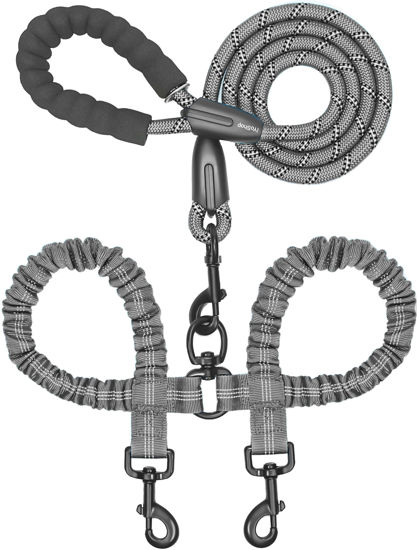Picture of iYoShop Dual Dog Leash, Double Dog Leash, 360 Swivel No Tangle Walking Leash, Shock Absorbing Bungee for Two Dogs, Grey, Large (25-150 lbs)