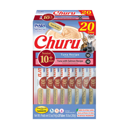 Picture of INABA Churu for Senior 10+, Creamy Lickable Cat Treats with Taurine, Vitamin E & C, 0.5 Ounces Each, 20 Tubes, Tuna Variety