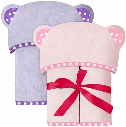 Picture of Set of 2 Bamboo Viscose Hooded Baby Towels - Purple and Pink - Luxurious, Large and Super Absorbent - 30 x 30 Inch - Soft and Suitable for Infants, Toddlers and Kids - 400 GSM