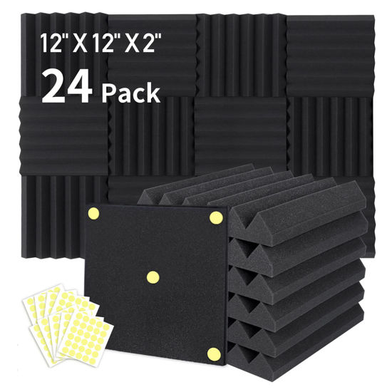 Picture of Focusound 24 Packs Acoustic Foam Panels 2" X 12" X 12", Soundproofing Foam Noise Cancelling Foam with 120 PCS Double-Side adhesive