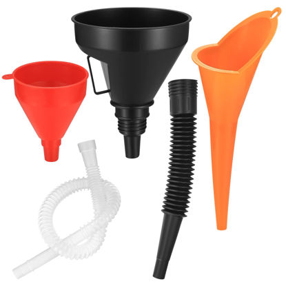 Picture of HexinYigjly 3 Pcs Automotive Funnels Set, Wide Mouth Fuel Funnels, Plastic Long Neck Oil Funnel, Flexible Right Angle Funnels, with Detachable Spout and Filter for Water/Gasoline/Coolant/Engine Oil