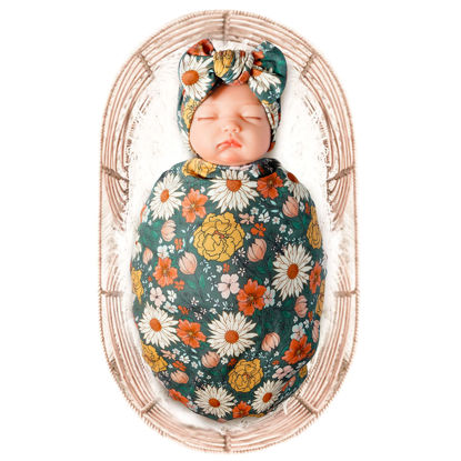 Picture of Konssy Baby Girl Newborn Receiving Blanket with Headband Set Baby Swaddle Floral Motif Nursery Swaddle Wrap