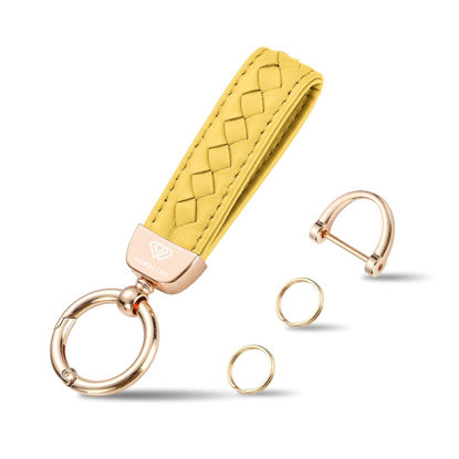 Picture of Genuine Leather Keychains, Handmade Knit Sheepskin Car Key chains for Women, Universal Key Fob Holder with 360 Degree Rotatable, Anti-Lost D-Ring, 2 Keyrings and 1 Screwdriver-Yellow