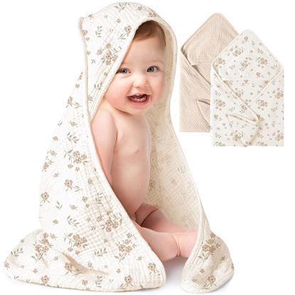 Picture of Konssy 2-Pack Muslin Hooded Baby Towels, 100% Cotton, Ultra-Soft & Absorbent Baby Bath Towels with Hood for Newborn & Infant (Cream, Blossom,30" x 30")