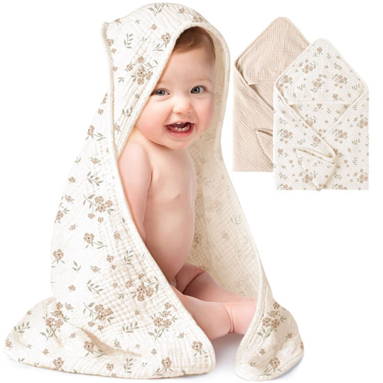Picture of Konssy 2-Pack Muslin Hooded Baby Towels, 100% Cotton, Ultra-Soft & Absorbent Baby Bath Towels with Hood for Newborn & Infant (Cream, Blossom,30" x 30")