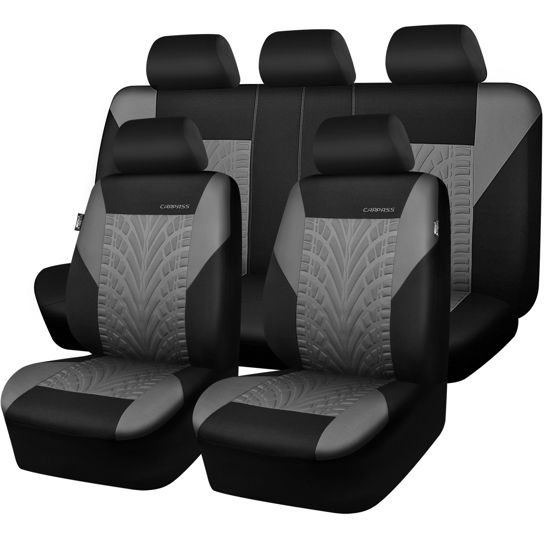 Picture of CAR PASS Car Seat Covers Full Sets, Front & Split Rear Bench for Car, 3D Tyre Embossed Automotive Interior Covers, Airbag Compatible, Quick Setup Universal Fit Seat Covers for Car, SUV(Black Gray)