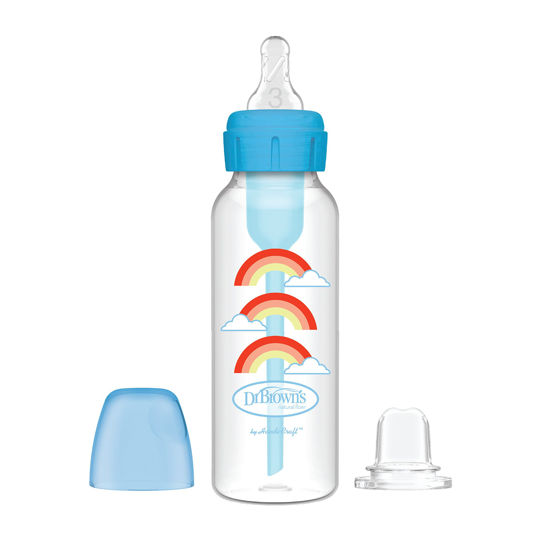 Picture of Dr. Brown's Anti-Colic Options+ Narrow Sippy Bottle Starter Kit, 8oz/250mL, with Level 3 Medium-Fast Flow Nipple and Soft 100% Silicone Sippy Spout, Blue, BPA Free, 6m+