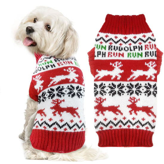 Picture of DOGGYZSTYLE Dog Christmas Sweater Xmas Pet Clothes Cute Reindeer Christmas Dog Costume Outfits Holiday Knitwear Puppy Cat Jumpers New Year Gifts for Small Medium Large Dogs(Red Runing Deer,S)