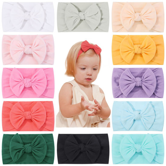 Picture of jollybows 12pcs Baby Nylon Headbands With Bow Elastic Hairband For Girls Newborn Infant Toddlers Kids Hair Accessories- Soft Light Color Set