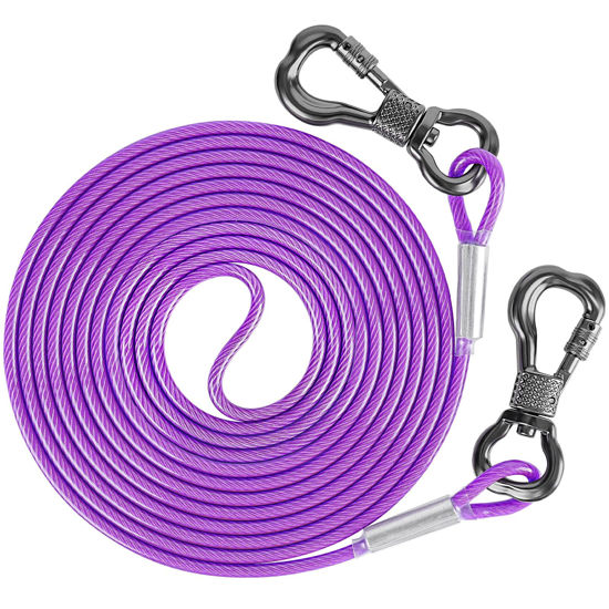 Picture of XiaZ Dog Tie Out Cable,Dog Chains for Outside with Swivel Hook, Dog Runner Leads for Yard Outdoor and Camping, Rust- Proof Training Leash for Small to Medium Pets Up to 250 LBS, 50ft，Purple