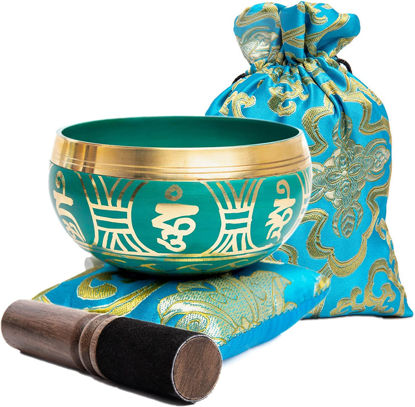 Picture of Tibetan Singing Bowl Set - Authentic Handcrafted Mindfulness Meditation Holistic Sound 7 Chakra Healing by Himalayan Bazaar (Turquoise)