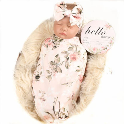 Picture of Galabloomer Newborn Receiving Blanket Headband Set Flower Print Baby Swaddle Blankets (Vintage)