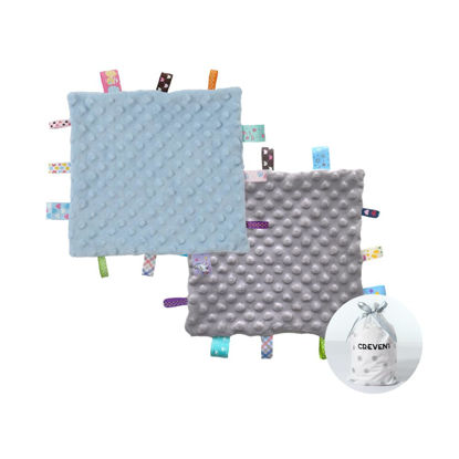 Picture of CREVENT Tag Security Blankets for Babies, Soft Small Taggie for Boys Girls, Baby Comforter Sensory Blanket, Great Gifts for Birthday Baby Shower 10"X10" (Blue+Grey)