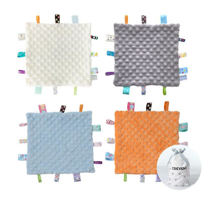 Picture of CREVENT Tag Security Blankets for Babies, Soft Small Taggie for Boys Girls, Baby Comforter Sensory Blanket, Great Gifts for Birthday Baby Shower 10"X10" (Blue+Orange+Grey+Ivory)
