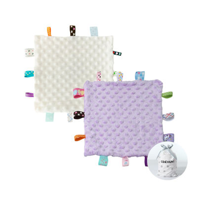 Picture of CREVENT Tag Security Blankets for Babies, Soft Small Loveys for Girls, Baby Comforter Sensory Blanket, Great Gifts for Birthday Baby Shower 10"X10" (Ivory + Purple)