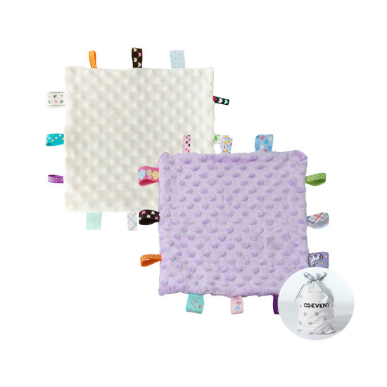 Picture of CREVENT Tag Security Blankets for Babies, Soft Small Loveys for Girls, Baby Comforter Sensory Blanket, Great Gifts for Birthday Baby Shower 10"X10" (Ivory + Purple)