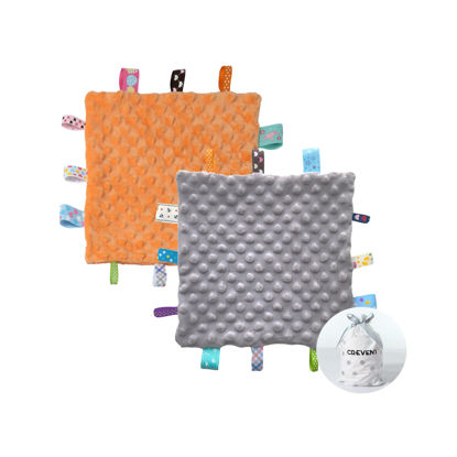 Picture of CREVENT Tag Security Blankets for Babies, Soft Small Loveys for Girls, Baby Comforter Sensory Blanket, Great Gifts for Birthday Baby Shower 10"X10" (Grey + Orange)