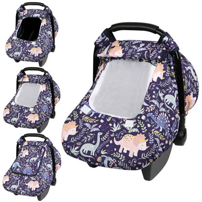 Picture of Pea Pod Winter Baby Car Seat Cover for Newborn, Warm Infant Car Seat Canopy Covers with 2 Layers Windows of Breathable Mesh/Fabric, Lightweight Polyester/Thick Minky Dot Backing (Dniosaur)