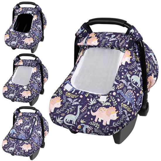Picture of Pea Pod Winter Baby Car Seat Cover for Newborn, Warm Infant Car Seat Canopy Covers with 2 Layers Windows of Breathable Mesh/Fabric, Lightweight Polyester/Thick Minky Dot Backing (Dniosaur)