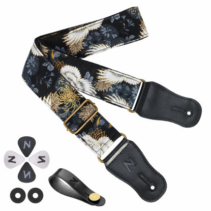 Picture of Nefelibata Japanese Cotton Guitar Strap for Acoustic Guitar, Ukulele, Free Headstock Strap Adapter with Buckle, Guitar Picks and Strap Lock(Chrysanthemum)