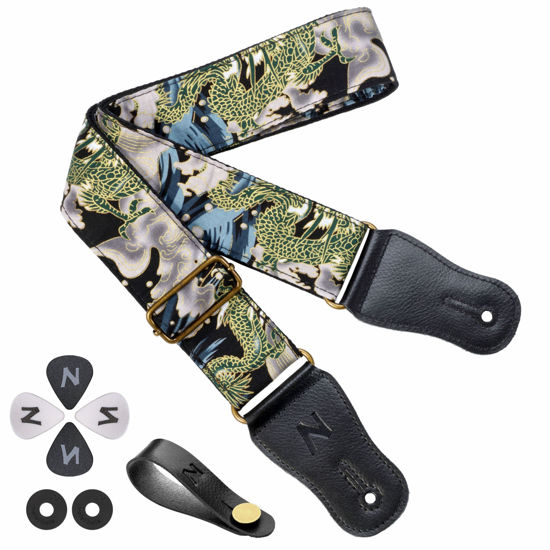 Picture of Nefelibata Japanese Cotton Guitar Strap for Acoustic Guitar, Ukulele, Free Headstock Strap Adapter with Buckle, Guitar Picks and Strap Lock(Dragon Pattern)