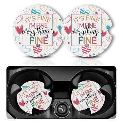 Picture of Car Coasters for Cup Holders，Car Cup Holder Coasters, 2 Pack Cup Holder Coasters for Car, Anti Slip Rubber Car Cup Mat with A Finger Notch, Cute Car Interior Accessories for Women Men 2.75" I'm Fine