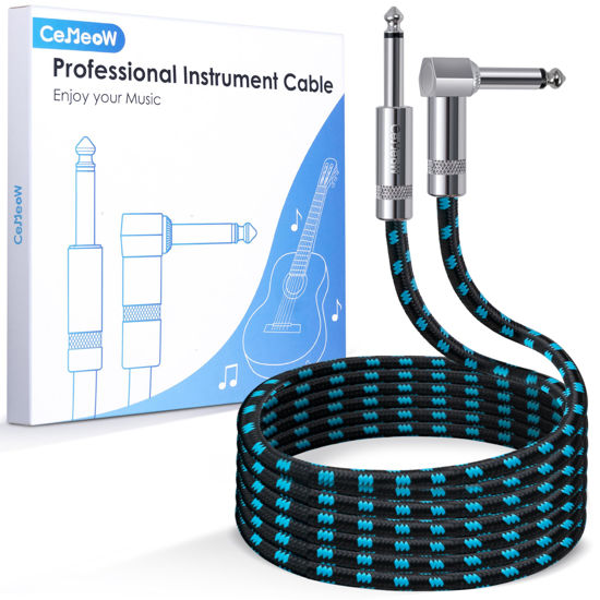 Picture of CeMeow Guitar Cable 6ft 1/4 Inch Guitar Cord Straight to Right Angle Instrument Cable with Braided Tweed and Anti-Kinking Design for Guitar Bass Amp, Black & Blue