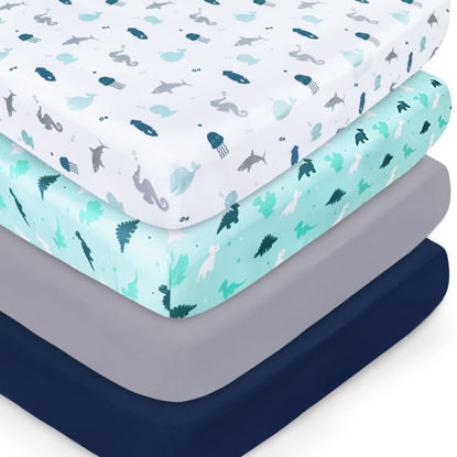 Picture of Crib Sheets for Boys or Girls 4-Pack, Fitted Crib Sheet 52'' x 28'' for Standard Crib & Toddler Mattress, Soft and Breathable Material, Baby Crib Sheets Neutral, Dinosaurs & Ocean