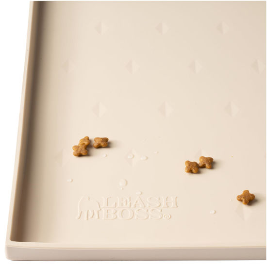 Picture of Leash Boss Dog Food Mat for Food and Water Bowls, Waterproof Silicone Pet Feeding Mat for Floors, Extra Tall Raised Edges, Cat and Dog Placemat for Floors, Dishwasher Safe (XL: 25" x 17" - Beige)