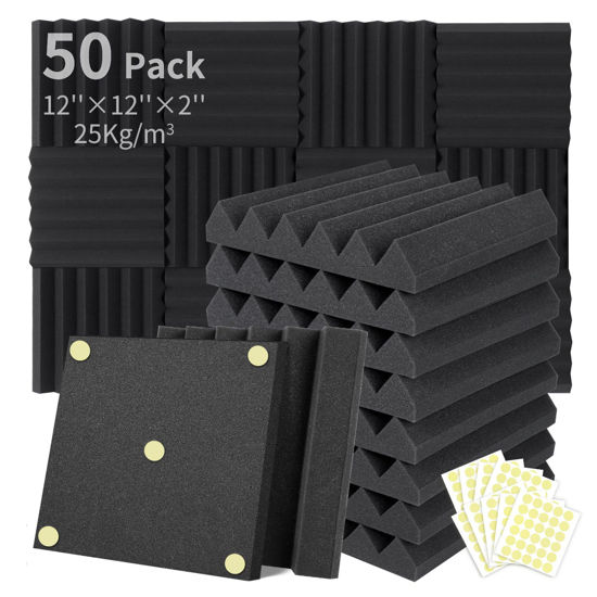 Picture of Focusound 50 Packs Acoustic Foam Panels Wedge 2" X 12" X 12", Soundproofing Foam Noise Cancelling Foam with 300 PCS Double-Side adhesive