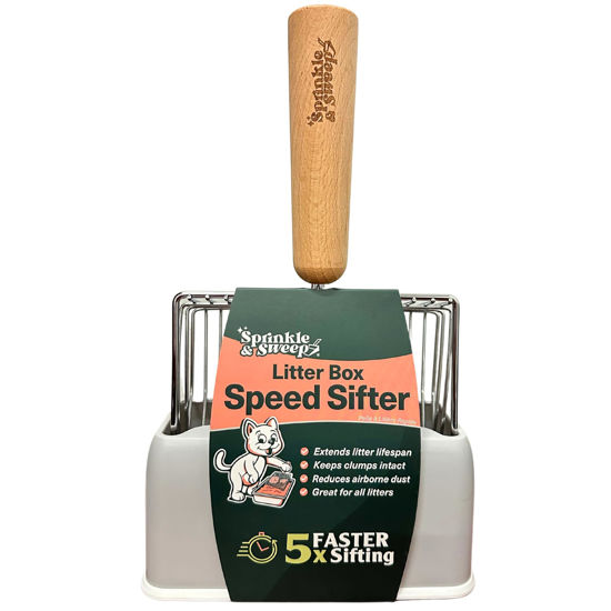 Picture of Sprinkle & Sweep Metal Cat Litter Scoop - Heavy Duty Litter Scooper & Speed Sifter with Comfortable Beech Wood Grip - Washable Convenient Stand for Easy and Efficient Cleaning