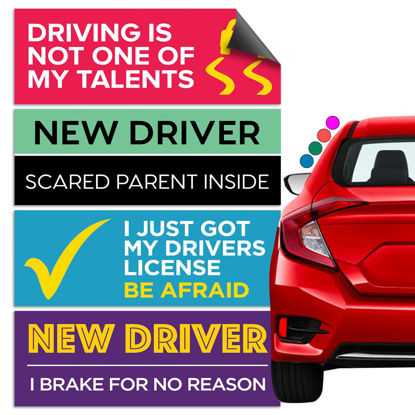 Picture of Rio Salto 4-Pack Large New Driver Car Sticker Please Be Patient Stickers Permit Student Driver Sticker Cool Prank Rookie Funny (Silly, Magnet)