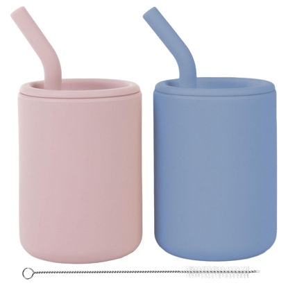 Picture of WeeSprout Silicone Baby Cups With Straws and Lids, 4 & 8 oz Options, Set of 2, Food Grade Toddler Training Container, Built In Straw Stoppers, Measurement Markings, Dishwasher Safe + Straw Cleaner