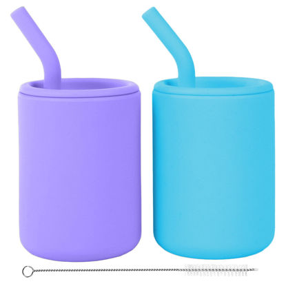 Picture of WeeSprout Silicone Baby Cups With Straws and Lids, 4 & 8 oz Options, Set of 2, Food Grade Toddler Training Container, Built In Straw Stoppers, Measurement Markings, Dishwasher Safe + Straw Cleaner
