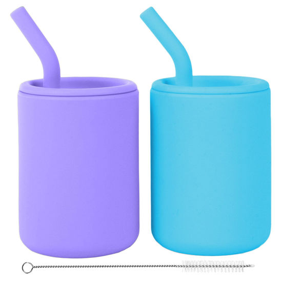 Picture of WeeSprout Silicone Baby Cups With Straws and Lids, 4 & 8 oz Options, Set of 2, Food Grade Toddler Training Container, Built In Straw Stoppers, Measurement Markings, Dishwasher Safe + Straw Cleaner