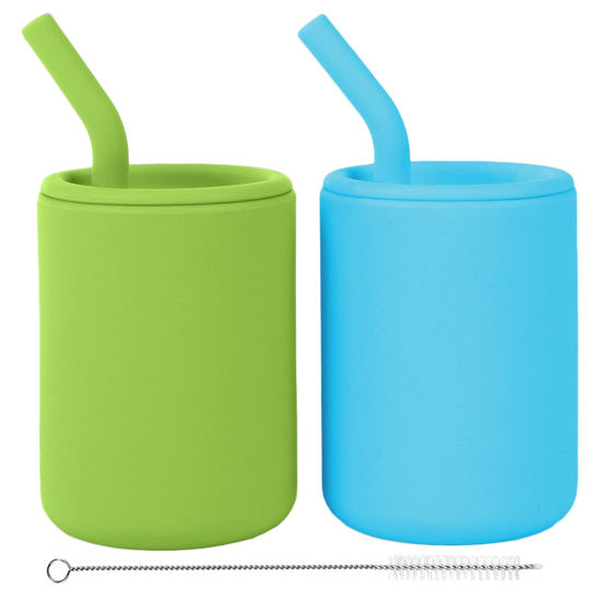 Picture of WeeSprout Silicone Baby Cups With Straws and Lids, 4 & 8 oz Options, Set of 2, Food Grade Toddler Training Container, Built In Straw Stoppers, Measurement Markings, Dishwasher Safe + Straw Cleaner