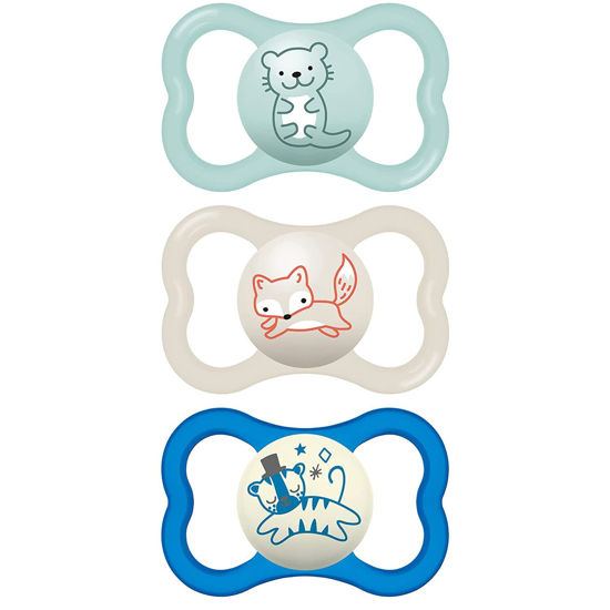 Picture of MAM Air Night & Day Baby Pacifier, for Sensitive Skin, Glows in The Dark, 3 Pack, 6-16 Months, Boys, 3 Count (Pack of 1)