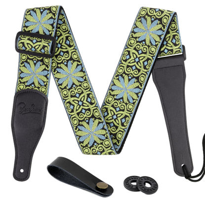 Picture of Guitar Strap, Jacquard Embroidered Cotton Straps with Genuine Leather Ends Shoulder Strap for Bass, Acoustic, Electric Guitar (Lemon Yellow/Lt Blue)